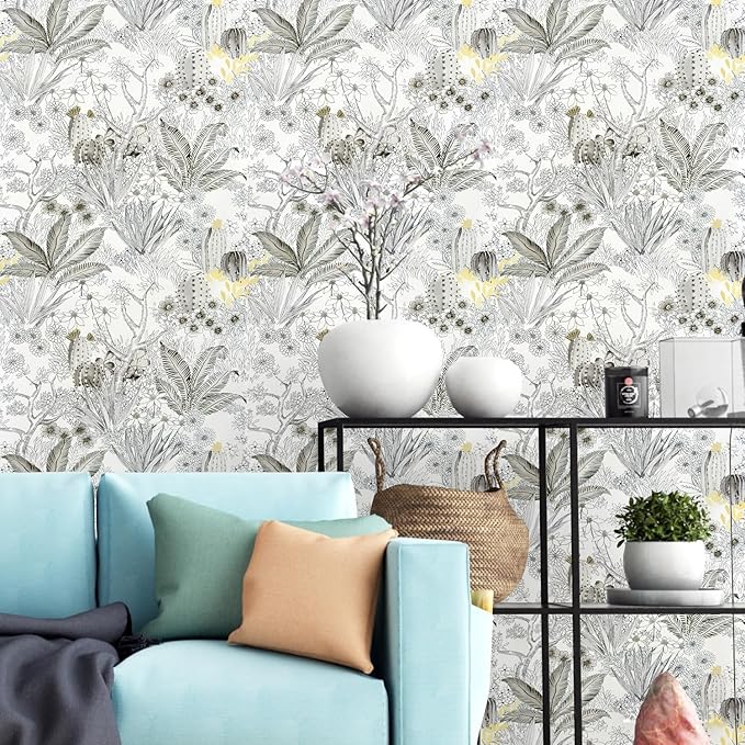Wudnaye Floral Peel and Stick Wallpaper Vintage Contact Paper 17.7 inch × 393.6 inch Gray Flower Wallpapers Stick and Peel Removable Contact Paper White Waterproof for Bathroom Self Adhesive Vinyl
