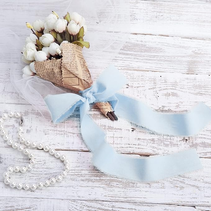 Blue Ribbon 1-1/2 x 15 Yards Handmade Cotton Frayed Fringe Fabric Ribbons for Crafts Flower Bouquets Wedding Baby Shower Home DIY Decor