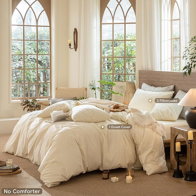 MooMee Wavy Striped Duvet Cover Set 100% Washed Cotton Linen Like Textured Breathable Durable Soft Comfy (Cream White, Oversized King Plus 128"x120")