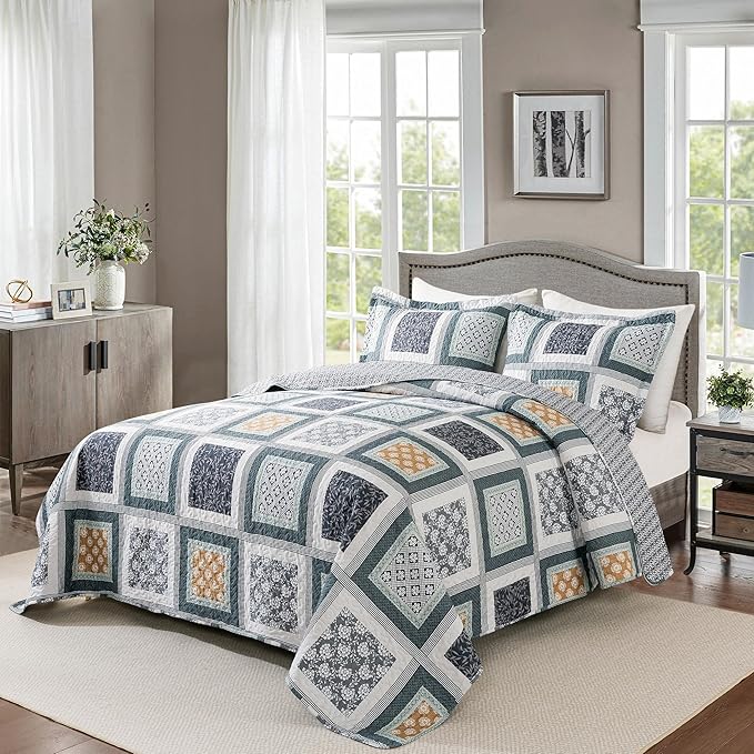 HoneiLife Quilt Sets King Size - 3 Pieces Microfiber Bedspreads Lightweight Coverlets Retro Bed Cover King Quilt Bedding Set All Season Quilts-Grey