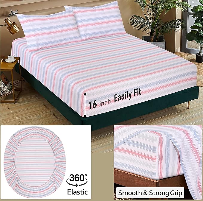 RUVANTI 100% Cotton Sheets Queen Size Set, 4 Pieces, Soft & Breathable Percale Weave Bedding, Deep Pocket 16", Hotel Standard, Crisp Cool Feeling, Durable, Perfect Striped Bed Sheet, Times