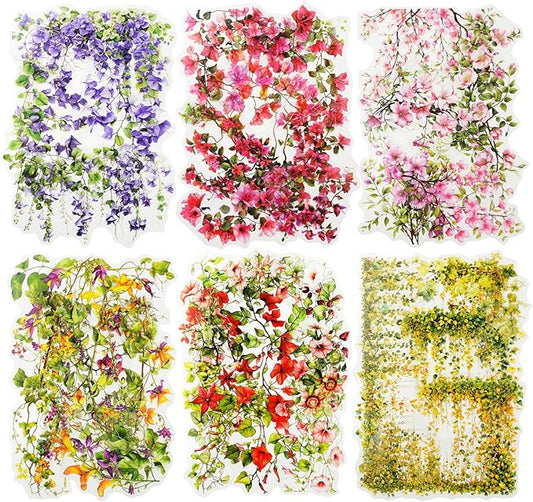 Floral Vine PET Stickers – 60PCS Vintage Botanical Design, Waterproof & Pre-Cut, Large Size for Journals, Junk Journals, Scrapbooking, and Craft