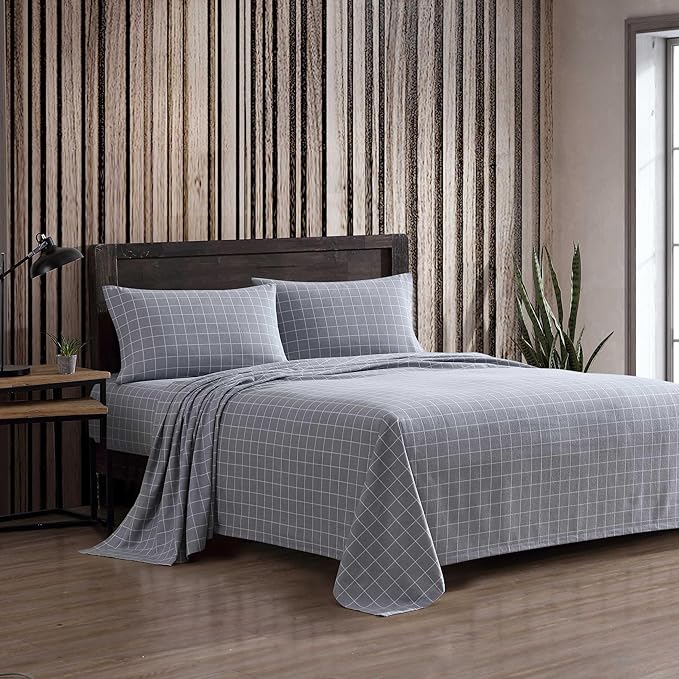 Eddie Bauer - Full Bed Sheets, Cotton Flannel Bedding Set with Matching Pillowcases, Brushed for Extra Softness, Deep Pocket, Oeko-Tex Certified (Great Plains Plaid Grey)