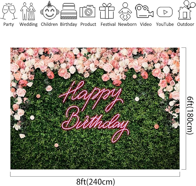 Riyidecor Green Leaves Happy Birthday Backdrop Polyester Fabric Neon Pink Floral Rose Flower Blossom Botanical Plant Nature 8Wx6H Feet Girls Women Photography Background Birthday Photo Studio Shoot