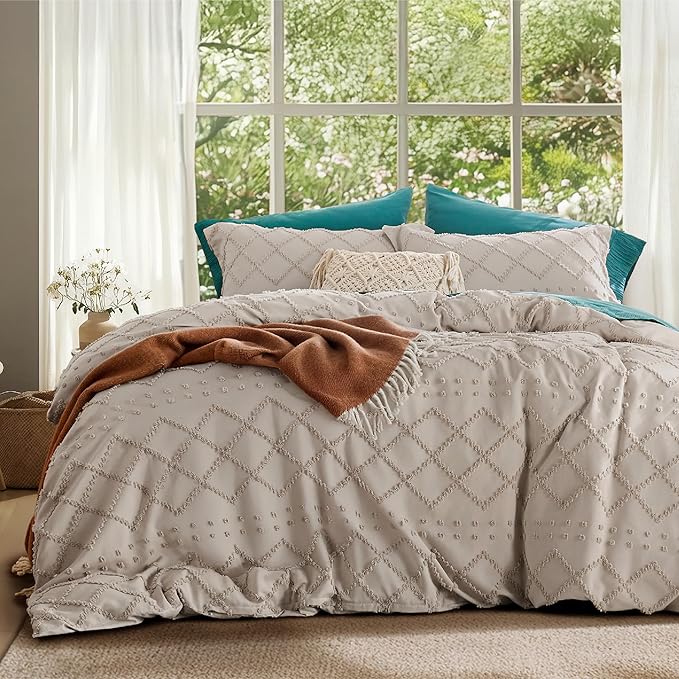 Bedsure Boho Twin Duvet Cover Size - Linen Breathable & Soft Boho Bedding, Machine Washable Comforter Cover for All Seasons, Includes 1 Duvet Cover 68"x90" with 1 Pillow Sham & Zipper Closure