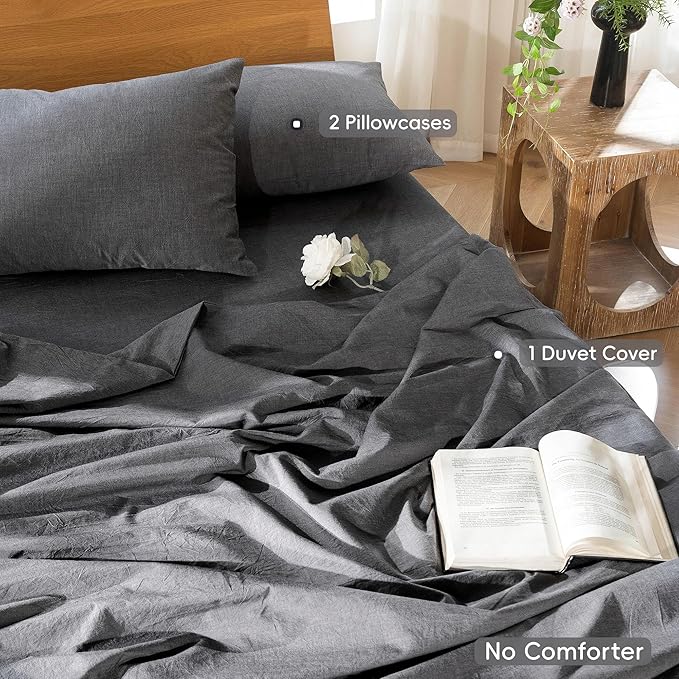 MooMee Bedding Duvet Cover Set 100% Washed Cotton Linen Like Textured Breathable Durable Soft Comfy (Heathered Dark Grey, Queen 90"x90")