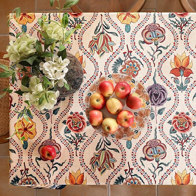 Vintage French Small Square Tablecloth,Linen Durable Tablecloth with Rose and Cornflower Pattern,Decorative Table Cover for Kitchen,Dining,Thanksgiving,Living Room,55" × 55"-Lanae