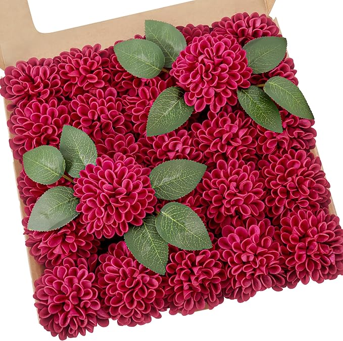 Artificial Flowers, 50pcs Artificial Rose for DIY Wedding Bouquets Centerpieces Arrangements, Hot Pink Dahlia Flowers with Stems for Bridal Shower Party Decoration