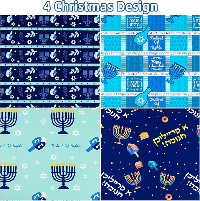 Hanukkah Wrapping Paper (4 Rolls, 93 sq. ft. ttl) Menorahs, Dreidels, Stripe and Star of David Design for Holiday Gift Wrap - Traditional Hanukkah Elements Collection - 17 Inches x 16.5 Feet Per Roll