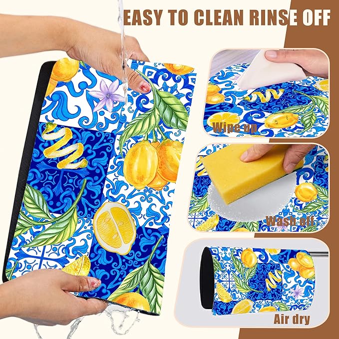 Lemon and Blue Tile Dish Drying Mat for Kitchen Counter Coffee Mat Hide Stain Absorbent Rubber Backed Dish Drainer Rack Pad Espresso Machine Coffee Bar Accessories 15.7 x 23.6 Inch