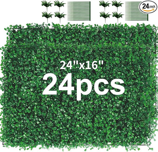 24 Pieces 24"x 16" Artificial Boxwood Panel, Grass Wall Panel, Boxwood Hedge Wall Panels UV Protected Suitable for Artificial Green Wall Decor, Fence Garden Wedding Backyard Decor