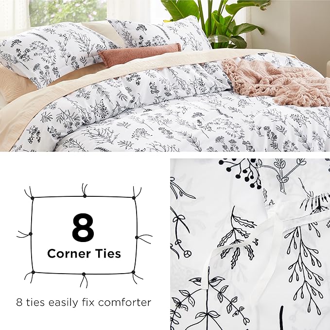 Bedsure Duvet Cover Queen Size - Reversible White Queen Duvet Cover Set with Zipper Closure, 3 Pieces Floral Patterned Bedding Set with 8 Corner Ties and 2 Pillow Shams