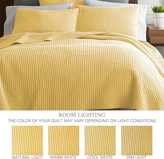 Levtex Home Cross Stitch Reversible Full/Queen Quilt Set (88x92in) with 2 Pillow Shams (26x20in) - Stitch Texture - Yellow - Cotton Full/Queen Size Quilt Bedding Set - Lightweight, Soft, Pre-Washed