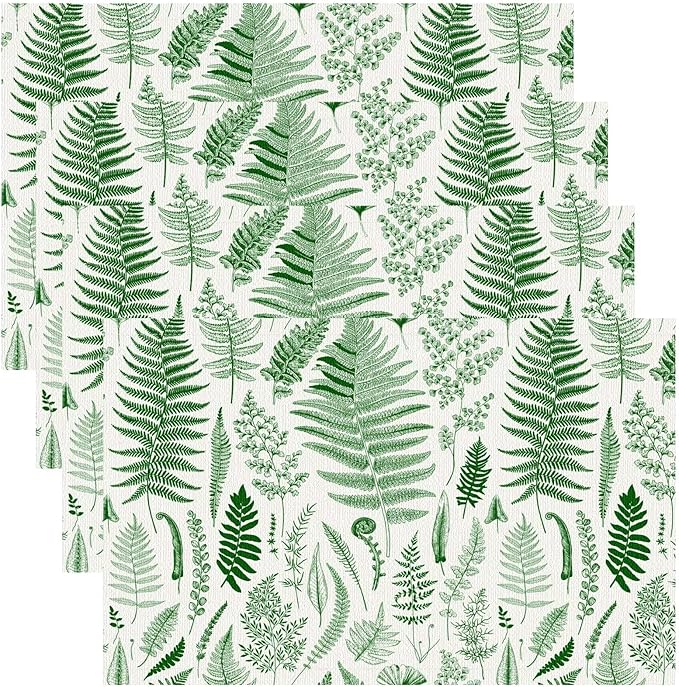 Vintage Leaves Placemats Set of 4, 17x12 Inch Green Boho Abstract Aesthetic Tropical Botanical Leaves Modern Art Printed Table Mats for Home Party Kitchen Dining Decor