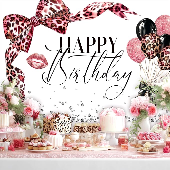 Pink Leoprad Bow Backdrop 7Wx5H Photography Happy Birthday Girls Lips Dimonds Black Brown Bowknot Balloons Background Fashion Elegant Bday Party Decorations Banner Photo Booth Props Supplies