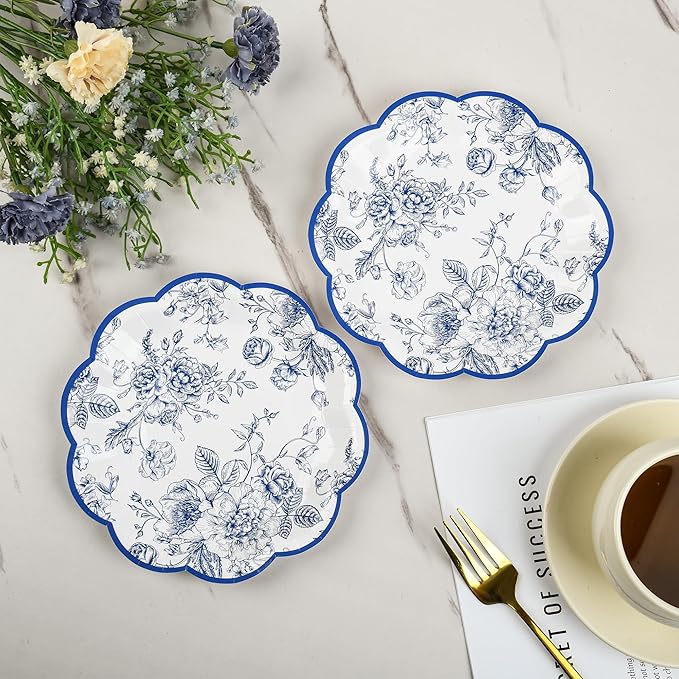 Blue Floral Party Plates Vintage Floral Leaf Disposable Paper Plates Wildflower Blue Toile 7" Scalloped Rim Dessert Plates for Christmas Birthday Bridal Tea Party Supplies (48)