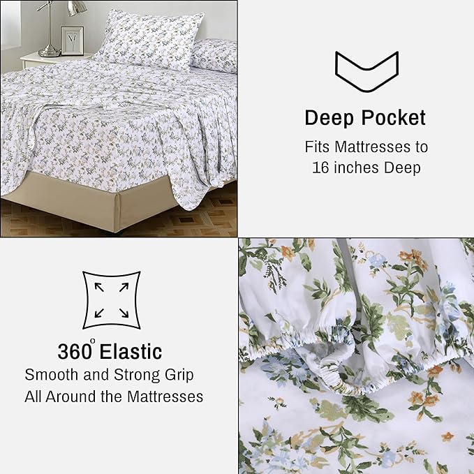 RUVANTI 100% Cotton Twin XL Sheet Sets, 3 Pieces, Soft & Breathable Percale Weave Bedding, Deep Pocket 16", Hotel Standard, Crisp Cool Feel, Durable, Perfect Size Floral Sheets, Heritage