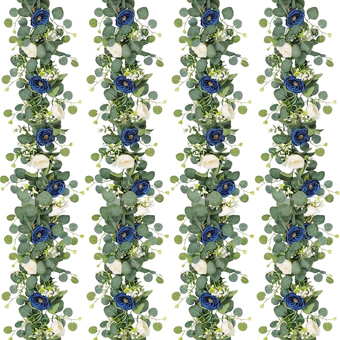 TOCHGREEN 4 Pack Artificial Eucalyptus Flower Garland with White and Blue Roses, Fake Rose Flower Greenery Garland Floral Vines for Wedding Home Party Table Runner Decor (Blue White, 4PCS)