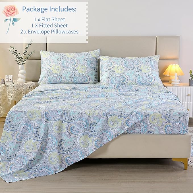 RYNGHIPY Cotton Sheets Floral Print Full Size Sheet Sets Flower Botanical Pattern Egyptian Cotton Bed Sheets Soft and Breathable Deep Pockets (Blue,Full Size)