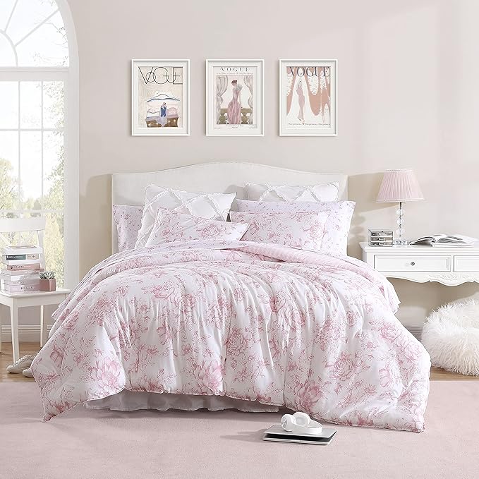 Laura Ashley - King Comforter Set, Soft & Reversible Cotton Bedding with a Smooth Feel, Medium Weight for Year Round Comfort, 3 Piece Bed Set with Matching Pillowcases (Delphine Mauve Pink)