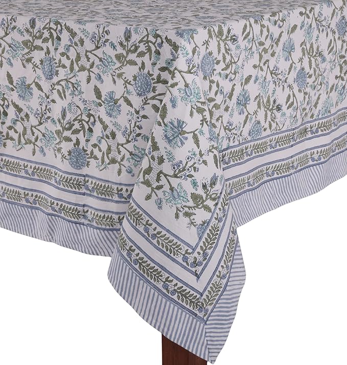 ATOSII Mahoka Blue 100% Cotton Rectangle Spring Tablecloth, Handblock Floral Linen Table Cloth for Kitchen Dining Table I Parties Weddings Outdoors Easter Home Decor 72 X 140 Inches I 12 Seater