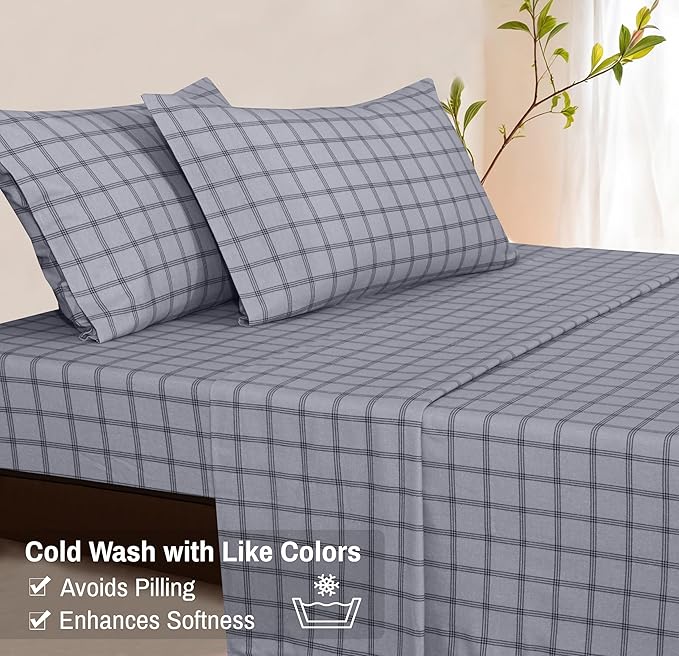 RUVANTI Flannel Sheets King Size - 100% Cotton Brushed King Size Sheets Set - Deep Pockets 16 Inches Bed Sheets - All Seasons Breathable & Extra Soft - Warm & Cozy, 4 Piece, Open Grid Check