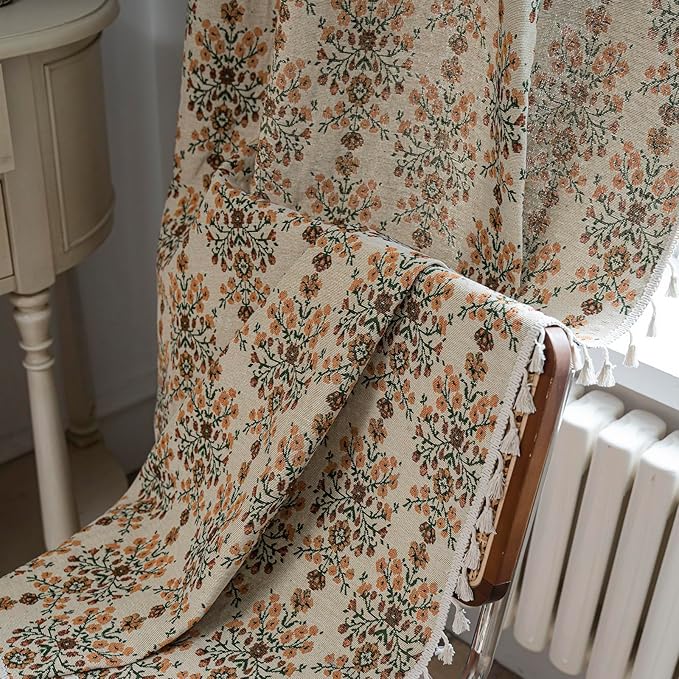 ENJOYBRIDAL Floral Curtains 84 Inch Length 2 Panels Vintage Flower Patterned Drapes Boho Semi Sheer Tassel Rustic Country Rod Pocket Botanical Farmhouse Window Curtain Panels for Bedroom Living Room