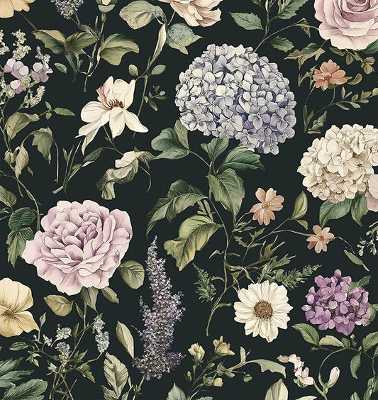 HeloHo Vintage Floral Peel and Stick Wallpaper 17.3"x393.7" Boho Contact Paper Dark Flower Self-Adhesive Removable Wallpaper Renter Friendly Botanical Wall Paper for Cabinets Bedroom Vinyl Rolls