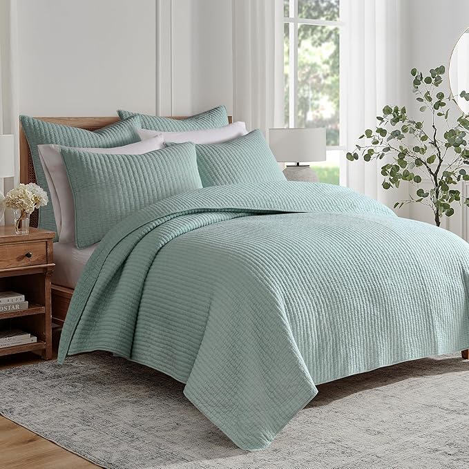 Levtex Home Cross Stitch Reversible Full/Queen Quilt Set (88x92in) with 2 Pillow Shams (26x20in) - Stitch Texture - Blue Haze - Cotton Full/Queen Size Quilt Bedding Set - Lightweight, Soft, Pre-Washed