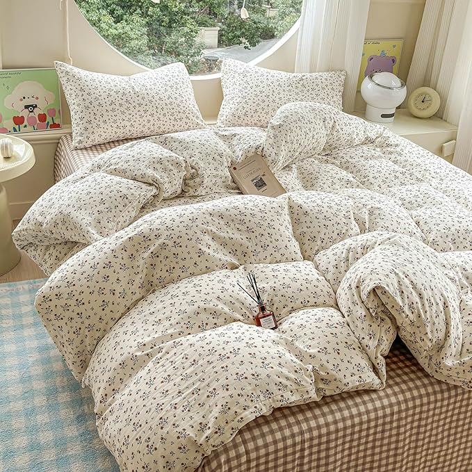 EAVD Garden Style Small Floral Duvet Cover Twin Size Soft 100% Cotton Muslin Bedding Set with Floral Print Fresh Cottagecore Botanical Pattern Duvet Cover with Zipper Closure