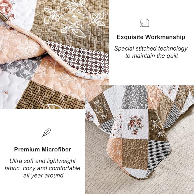 Dinjoy Floral Plaid Patchwork Quilt Set Twin Size, Reversible Brown Bedding Set Soft Microfiber Lightweight Bedspread Coverlet 3 Piece Fall Autumn Summer Use (68x86 inches)