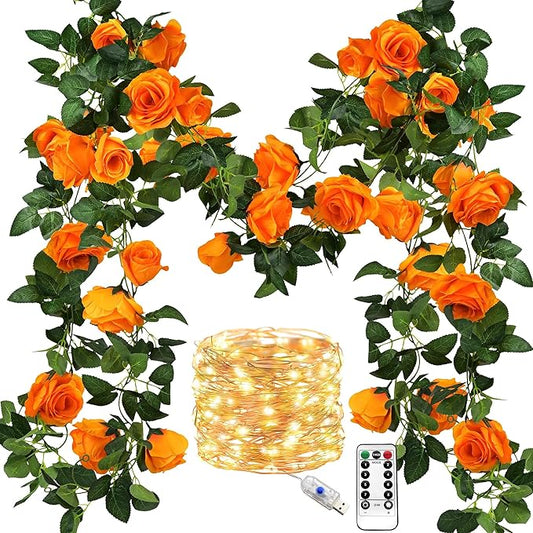 FiveSeasonStuff 29 Ft 4 Pack Mandarin Orange Rose Silk Flower Garland Artificial Flowers Decoration Hanging Floral with 66 feet String Lights