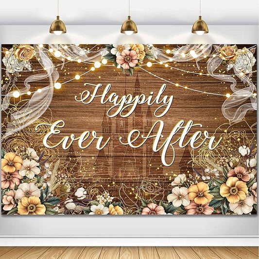Happily Ever After Backdrop Bridal Shower Wedding Party Brown Wood Photography Background Boho Floral Golden Rose Dots Wedding Decor Banner Portrait Photo Booth Studio Props 7x5ft FU037YL