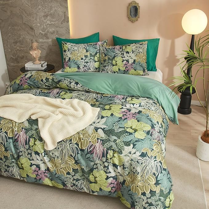 EAVD Tropical Leaves Duvet Cover Twin XL Soft Cotton Chic Shabby Leaf Pattern Bedding Set with 2 Pillowcases Fresh Botanical Duvet Cover with Zipper Closure