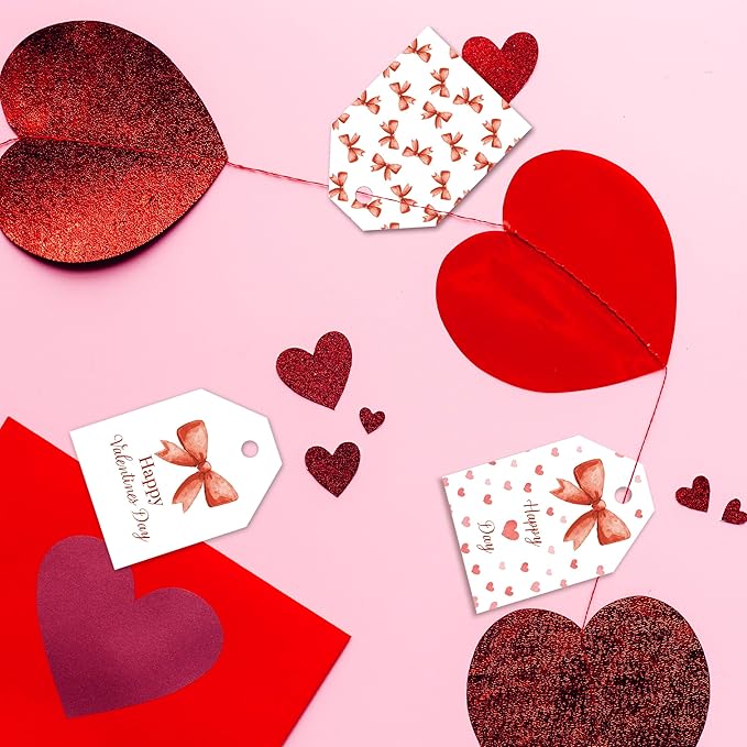 Pro Supply Global 24 Count of 2.5 Inch x 3 Inch Pre Strung Bows Valentine's Day Gift Tag Assorted Printed Designs on Large Cardstock Gift Hang Tags - Ideal to Use on Bags
