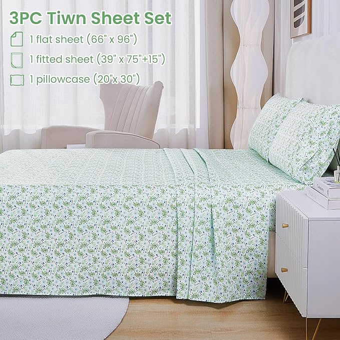 Softan Green Floral Twin Sheet Set, 3-Piece Cozy Botanical Microfiber Printed Fitted Bed Sheet with 15" Deep Pockets & Non-Slip Straps, Fresh Greenery Blooms Patterned Sheets & Pillowcase Set