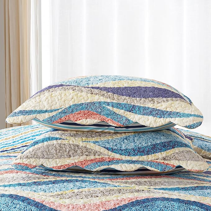 HoneiLife Qversized Queen Quilt - 106"x106" Coastal Quilt Sets, Beach Quilt 3-Piece, Nautical Bedspreads Ocean Coverlets, Lightweight Bed Cover, Summer Quilts