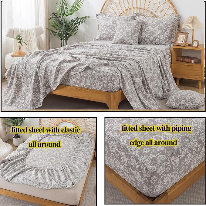 FADFAY Rose Sheets Set Queen Vintage Curry Floral Bedding Shabby Farmhouse Bedding Super Soft Washed Double -Layer Muslin Sheets Luxury 100% Cotton Breathable Deep Pocket Fitted Sheet 4Pc, Queen Size