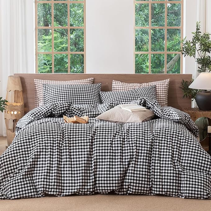 MooMee Gingham Duvet Cover Set 100% Washed Cotton Linen Like Textured Breathable Durable Soft Comfy Modern Checkered Design (Black White Gingham, Super King 108"x98")