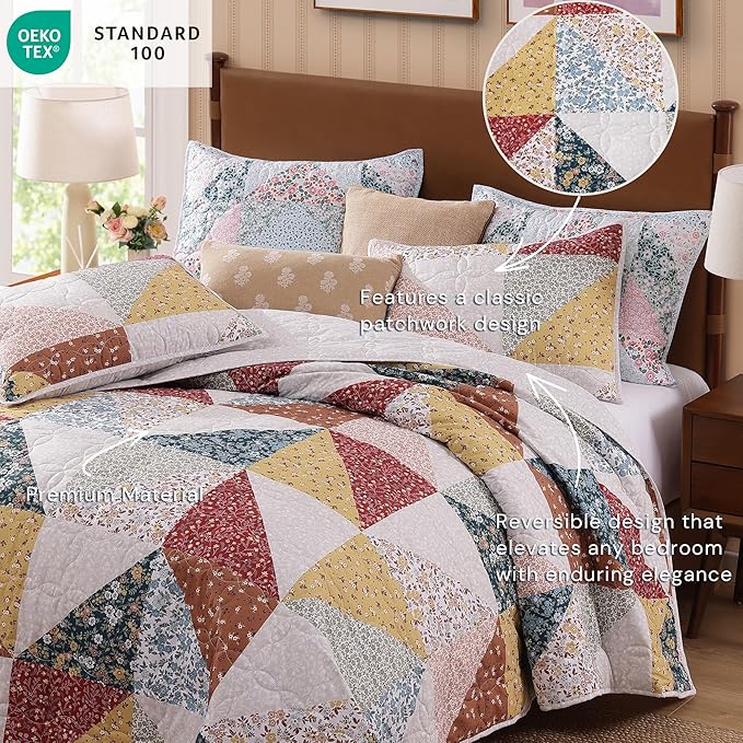 Quilt Set Queen Size, Patchwork Burnt Orange Floral Quilt Sets, Reversible Bedspread Lightweight and Breathable for All Seasons, Soft Quilted Bedspread with 2 Pillow Shams