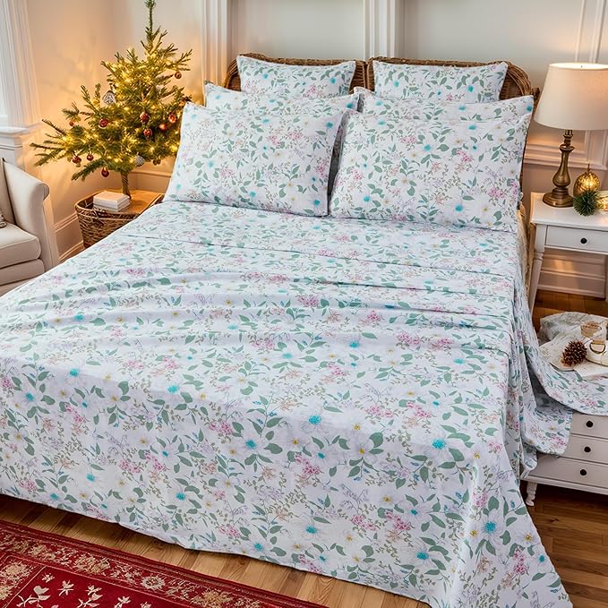 FADFAY King Size Sheets Set 100% Cotton Vintage Floral Shabby Flowers & Leaves Pattern Farmhouse Bedding Set Deep Pocket Sheets with 2 Pillowcases Breathable Soft 4Pcs, King