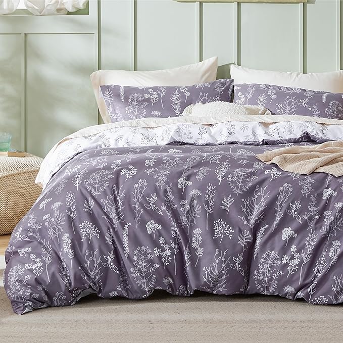 Bedsure Duvet Cover King Size - Reversible Grayish Purple King Duvet Cover Set with Zipper Closure, 3 Pieces Cute Floral Patterned Bedding Set with 8 Corner Ties and 2 Pillow Shams