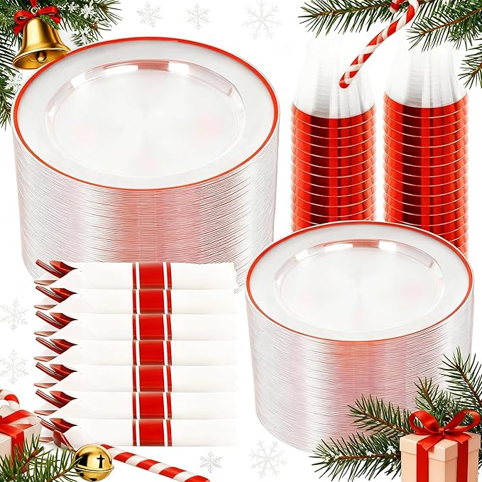SUT 350 Pcs Red and Clear Plastic Dinnerware Set for 50 Guests, Include: 50 Dinner Plates, 50 Dessert Plates, 50 Pre Rolled Napkins With Silverware, 50 Cups, Disposable Plates for Party, Christmas