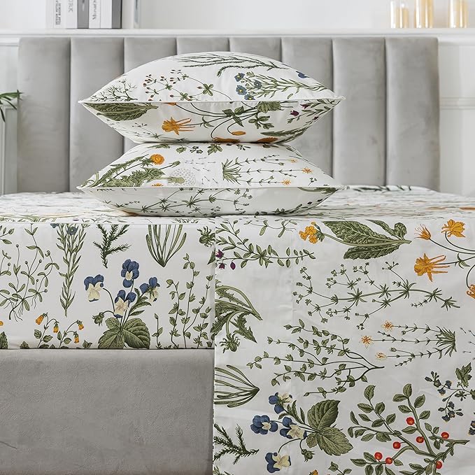 FADFAY 100% Egyptian Cotton Sheets Twin XL Botanical Printed Floral Sheets Yellow Flowers & Leaves Pattern Farmhouse Bedding Soft and Breathable French Country Bedding 4Pcs Deep Pocket TXL Sheet Set
