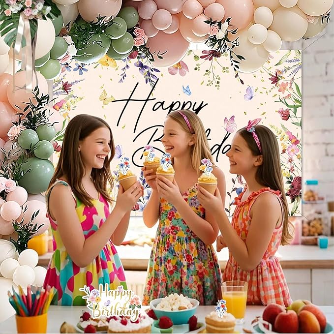 Spring Wildflower Party Decorations For Women,Happy Birthday Banner,Flower Birthday Decorations For Girls,Green Pink White Balloon Arch Kit,Cake toppers