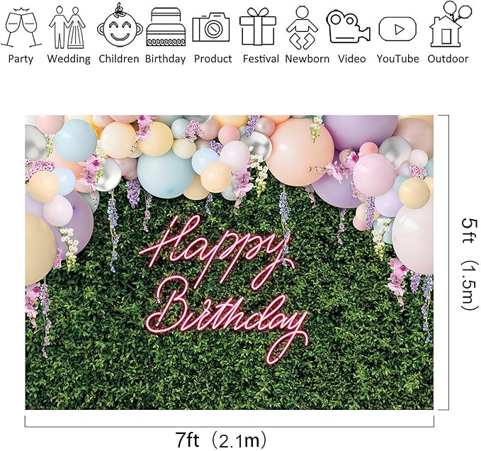 Riyidecor Green Leaves Happy Birthday Backdrop Polyester Fabric for Women Girls Neon Balloons Flower Wall Spring 7Wx5H Feet Rustic Plant Botanical Photography Background Birthday Photo Studio Shoot