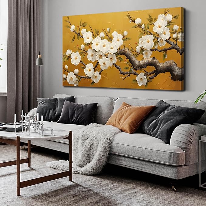Plum Blossom Prints Wall Art for Living Room Yellow and White Wall Decor for Bedroom Big Canvas Wall Art for Office Size 29 x 58 Inch