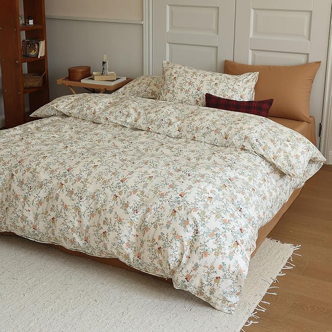 EAVD Vintage Style Floral Duvet Cover Twin Soft Cotton Chic Shabby Garden Floral Bedding Set with 2 Pillowcases Fresh Reversible Botanical Comforter Cover with Zipper Closure