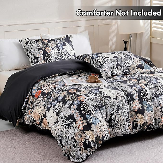 LONAVA Queen Flower 3 Pcs Duvet Cover Set, Breathable Soft Microfiber Black Lining Comforter Cover with Zipper Closure, and 2 Anti-Pilling, Fade Resistant Pillowcases, Midnight Blossoms