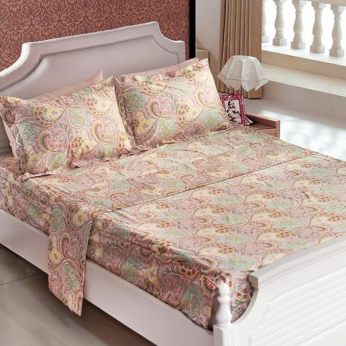 FADFAY 4 Piece Pink Paisley Bed Sheet Set Luxury Bedding Sets Designer Bedding Collections 800 Thread Count 100% Egyptian Cotton Deep Pocket Queen